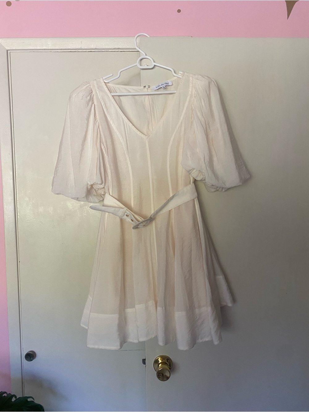 Sofie the Label Cream V-Neck Mini Dress with Puff Sleeves size S